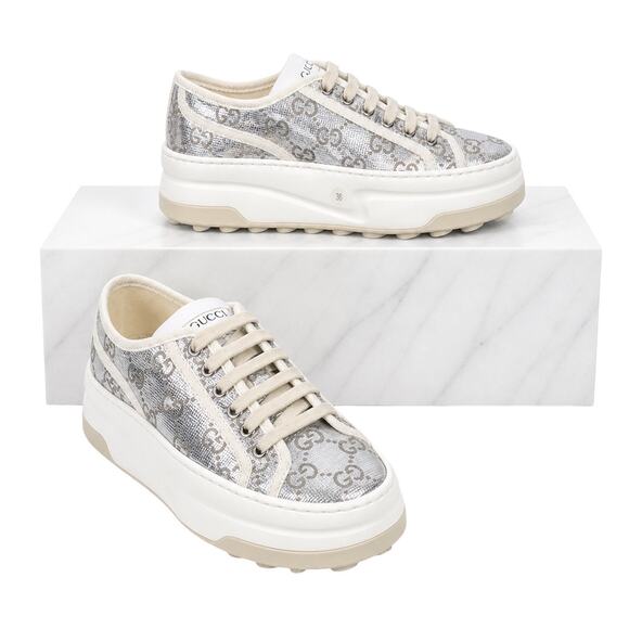 Gucci Shoes - Gucci Tennis 1977 Treck GG Monogram Flatform Sneaker Silver Size 36